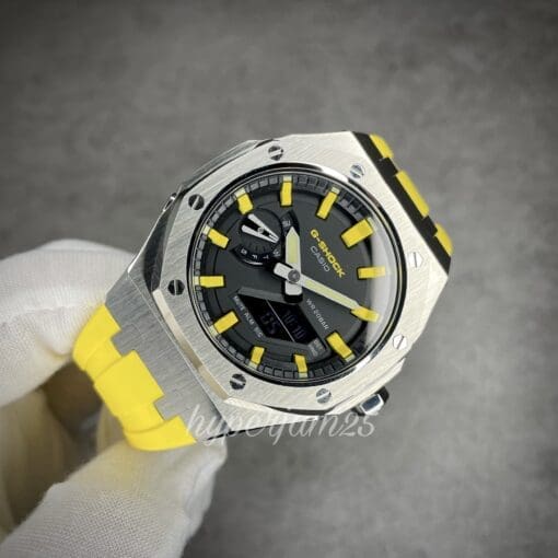 close view of custom casioak gshock ga2100 yellow