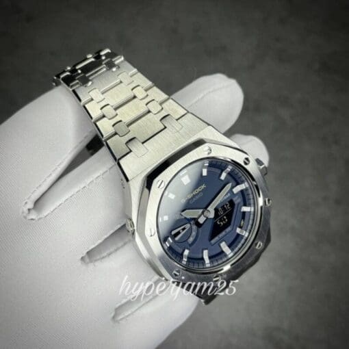 Customized Gshock GA2100 navy blue colour with silver stainless steel case and strap