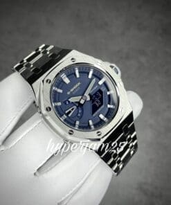 Customized Gshock GA2100 navy blue colour with silver stainless steel case and strap
