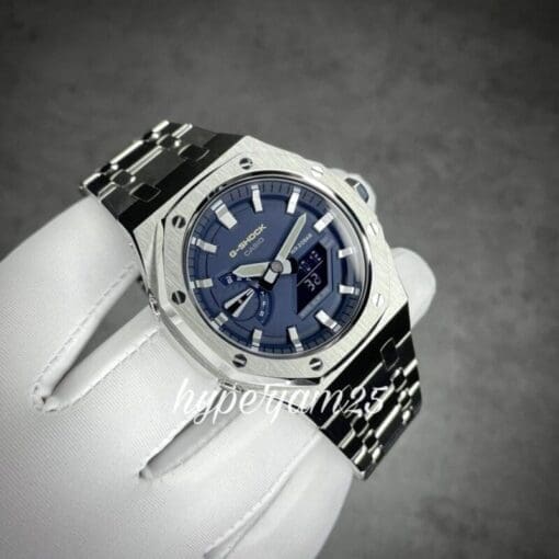 Customized Gshock GA2100 navy blue colour with silver stainless steel case and strap