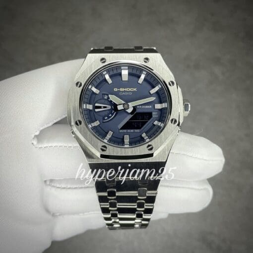Customized Gshock GA2100 navy blue colour with silver stainless steel case and strap