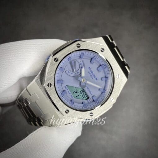 CasiOak Purple stainless steel watch, inspired by the Paris Olympics 2024, close up dial