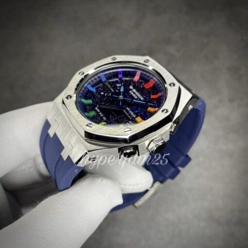 Starry dial and rainbow index on Silver Custom Gshock CasiOak