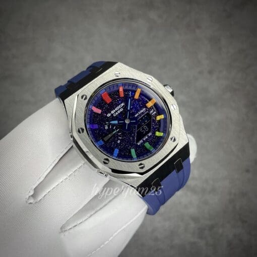 Silver Custom Gshock CasiOak with starry dial and rainbow index